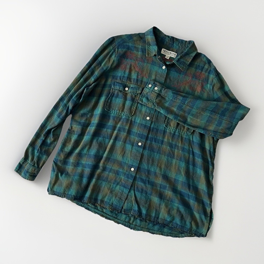 Idyllwild Flannel LS‎ Western Shirt Women L Pearl Snaps Embroider Teal Tan Coral